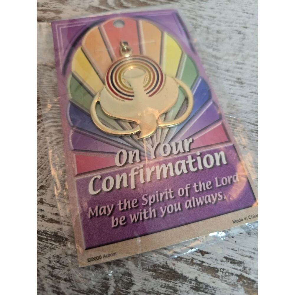 New Confirmation Keychain Dove Bag Charm Gold Tone Religious Catholic #382
